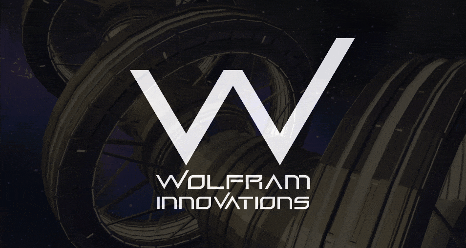 a gif of a webpage with a fullscreen animation of a rotating structure in space. in the center of the screen is a logo featuring a large letter W with the rightmost line extending higher than the left, and the text 'WOLFRAM INNOVATIONS' underneath it