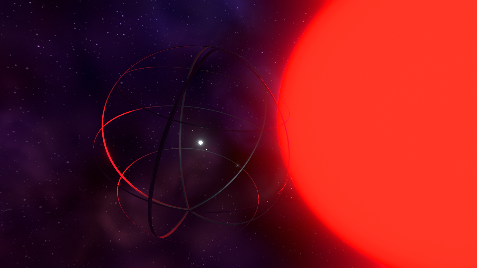 a small gray star surrounded by a spherical cage, with a big red star in the background