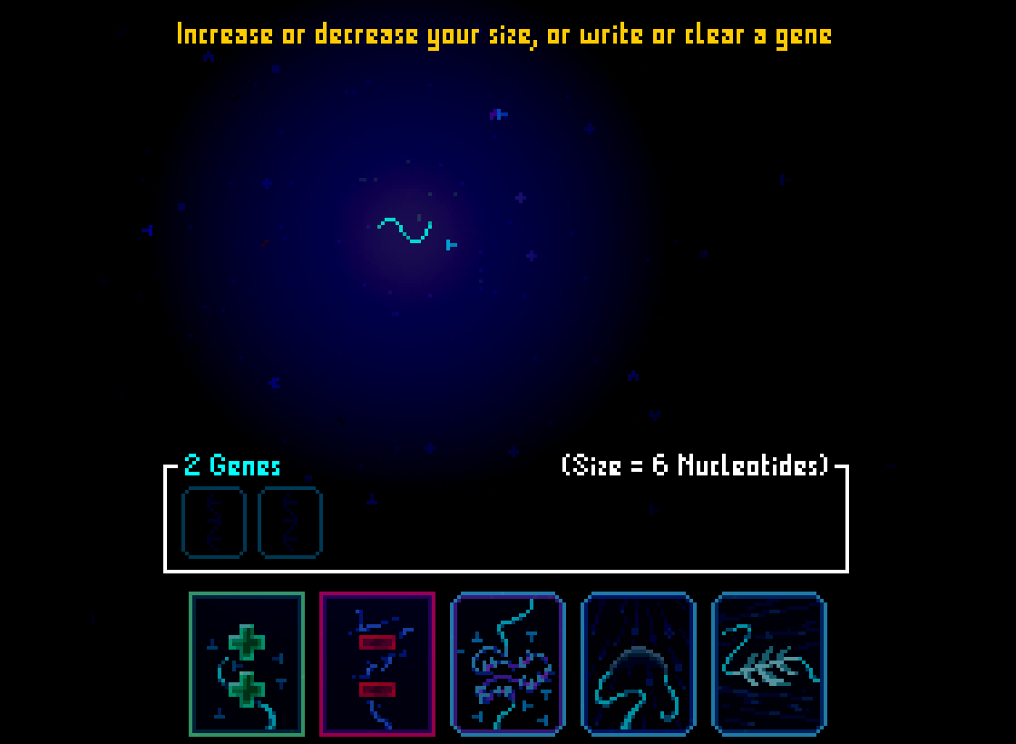 a mutation menu, with options to increase or decrease size, or write or clear a gene