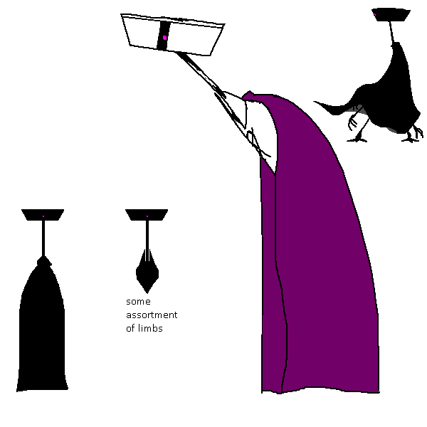 a robotic character with a flowing purple cape